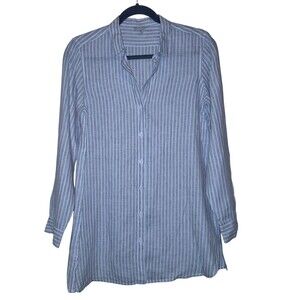 Garnet Hill white dark blue striped 100% Linen button front shirt ladies PP